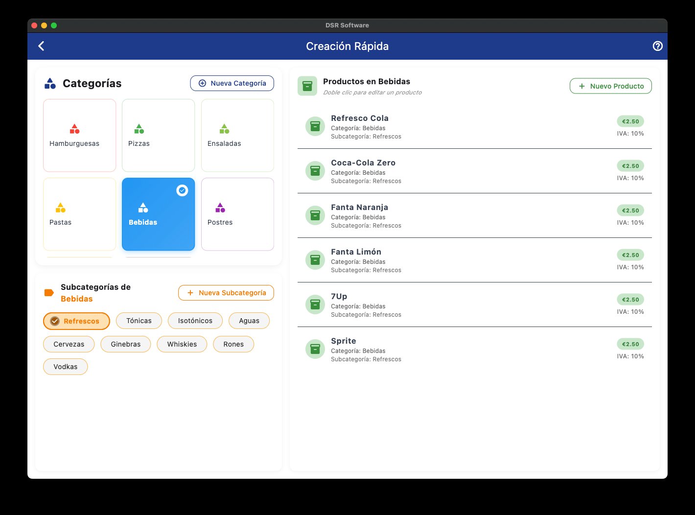 Interfaz de creación y gestión de artículos del TPV con campos para bebidas y alimentos